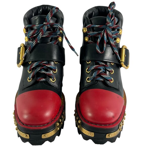PRADA Black Red Leather Buckle Women's Fashion Vitello 60mm Hiking Boots 38-8US - Picture 1 of 9